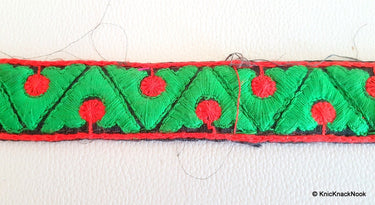 Black Fabric Trim With Green And Red Thread Embroidery, Cotton Trim,Approx. 30mm wide